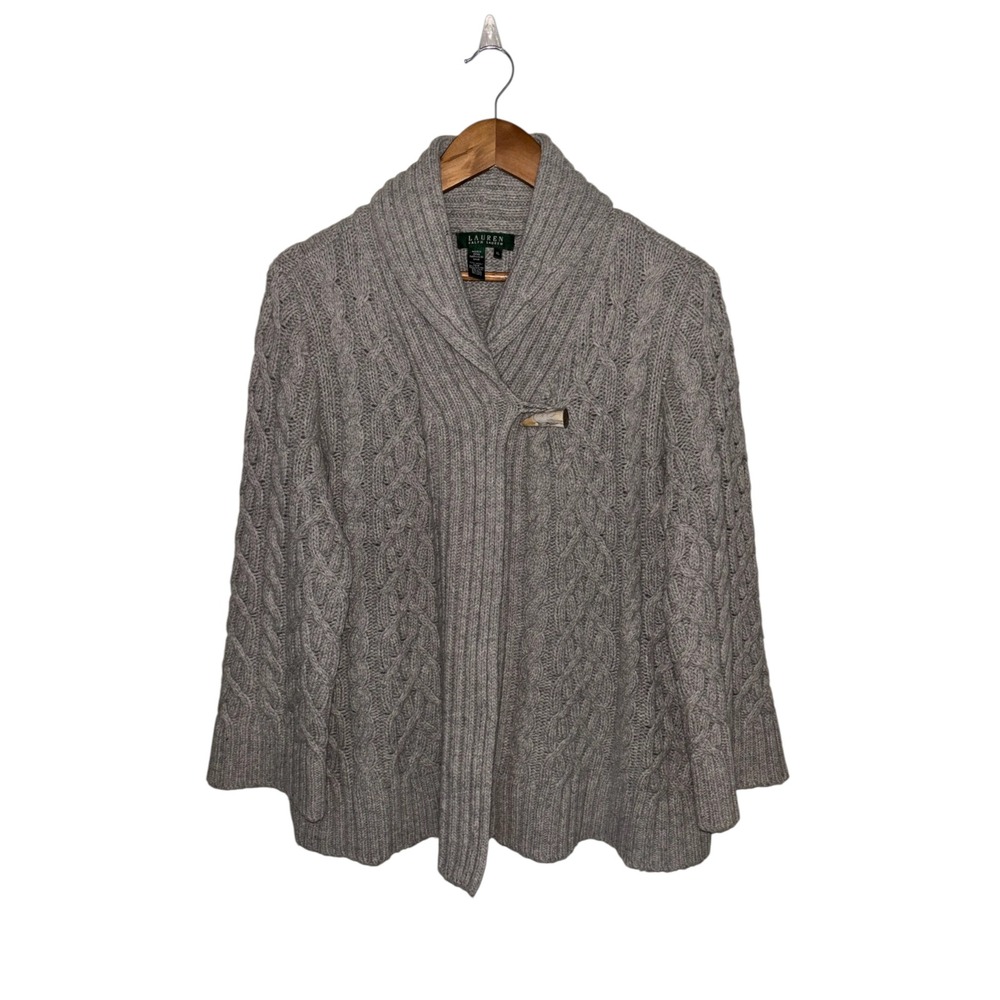 Lauren Ralph Lauren Gray Cable Knit Wool Angora Shawl Collar Toggle Cardigan XL